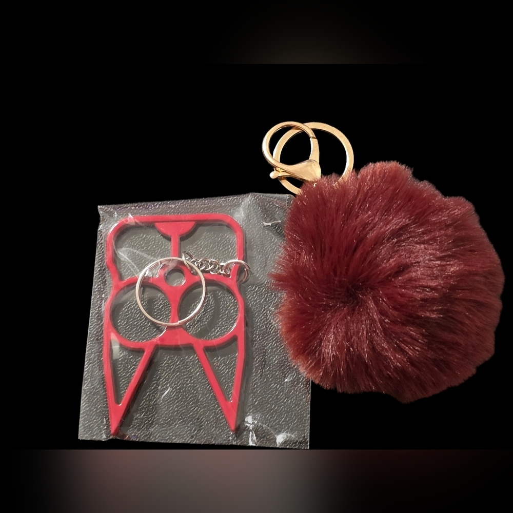 Burgundy Pom Pom Cat Ear Self Defense Keychain Accessory